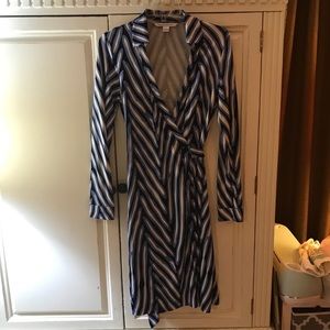 Diane von Furstenberg blue,black,white wrap dress.